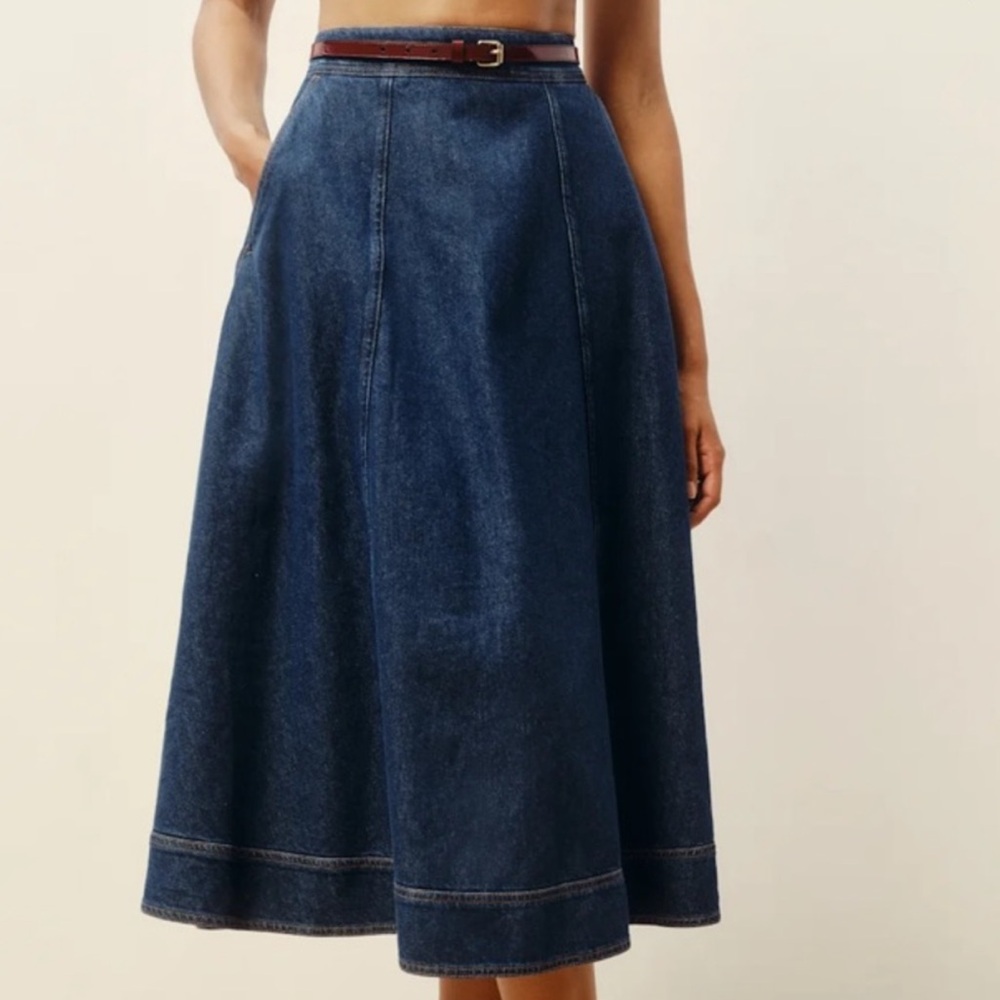 Reformation 28 Delilah Denim Midi Skirt Roosevelt Dark Wash Western Rodeo Modest
